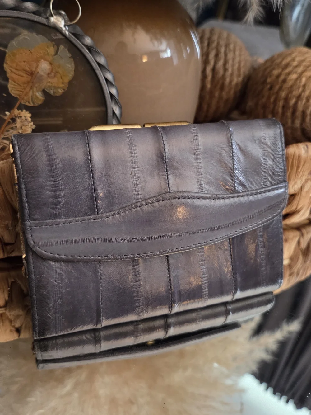 Vintage Genuine Eel Skin Leather Wallet Clutch Gray Korea Gold Frame
